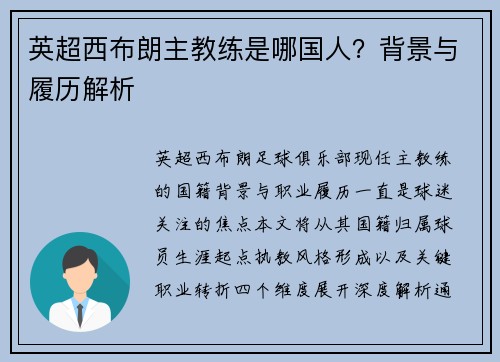 英超西布朗主教练是哪国人？背景与履历解析