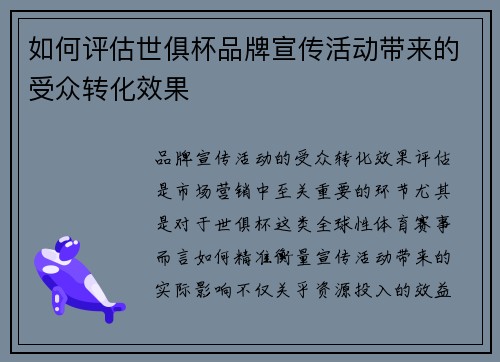 如何评估世俱杯品牌宣传活动带来的受众转化效果